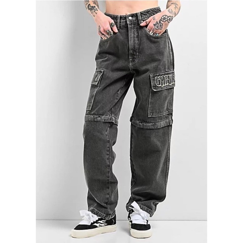 Empyre Tori Charcoal Wash Zip Off Cargo Skate Jeans Baggy Streetwear Grunge Sz 4